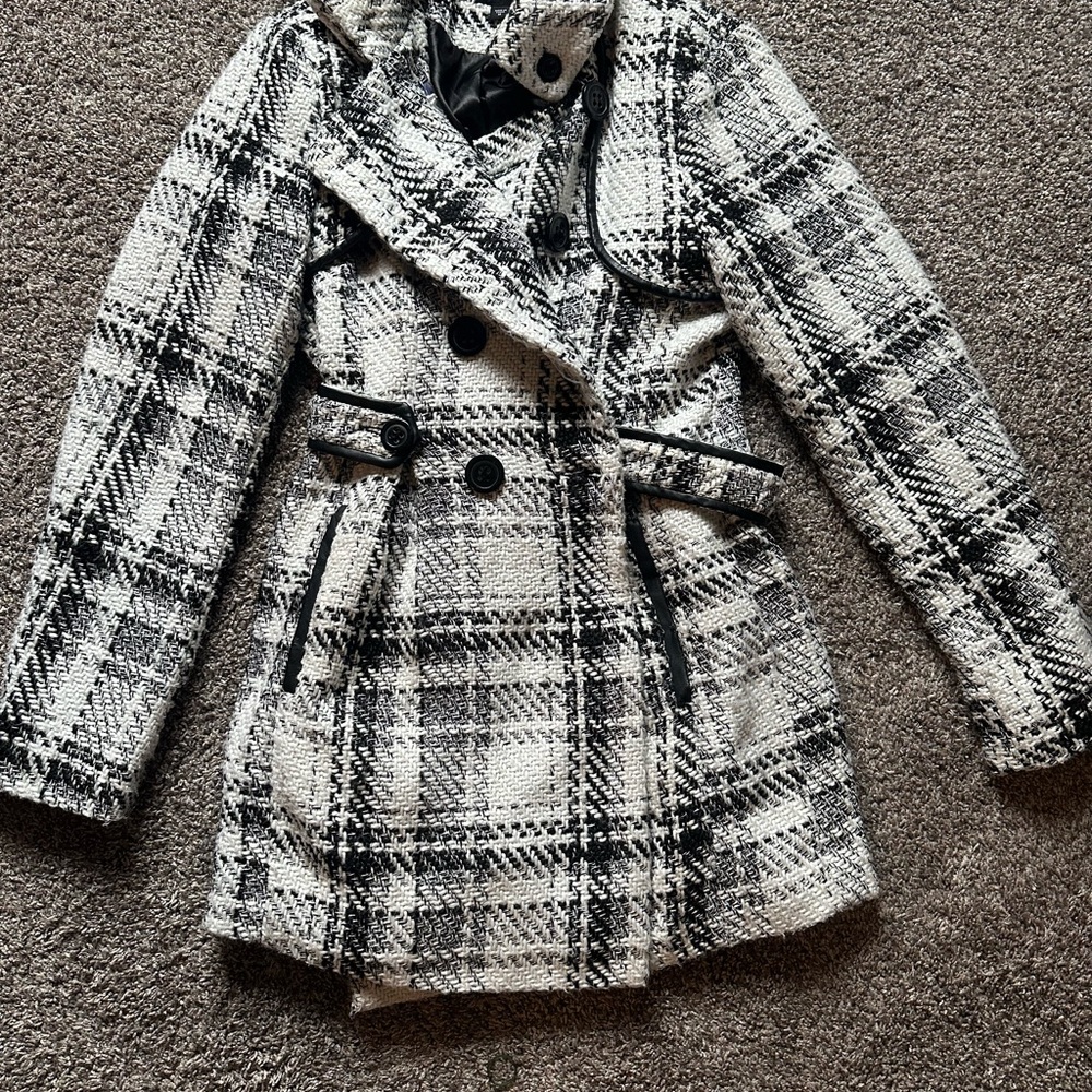 Iz Byer Black and White Plaid Trench Coat
